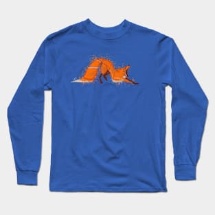 Fox yawning painting lineart blue Long Sleeve T-Shirt